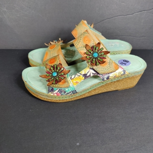 L'Artiste Shoes - L'Artiste by Spring Step Polka-MNTM - Mint Green Floral Wedge Slip On Sandal 8.5